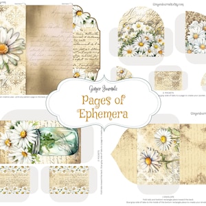 May include: Printable digital paper pack with a vintage aesthetic featuring daisies, handwritten text, and a mason jar with daisies. The paper pack includes 8 pockets and 1 envelope.