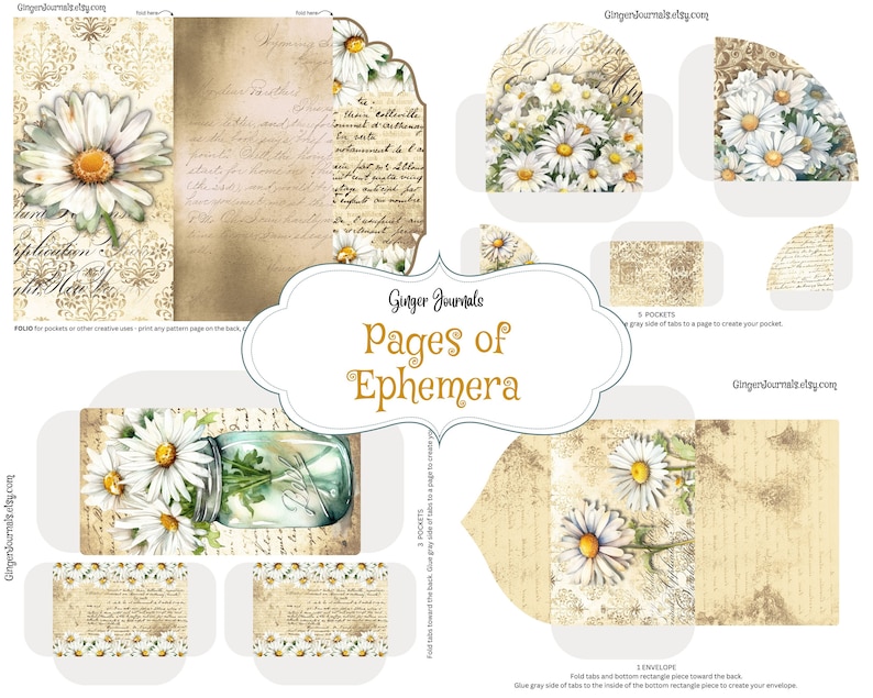 May include: Printable digital paper pack with a vintage aesthetic featuring daisies, handwritten text, and a mason jar with daisies. The paper pack includes 8 pockets and 1 envelope.