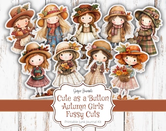 May include: A set of printable digital paper cutouts featuring cute autumn girls with fall-themed accessories. The girls are dressed in various colors and patterns, including red, blue, green, and brown. The paper cutouts are perfect for adding a touch of whimsy to your craft projects.
