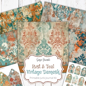 May include: Printable junk journal kit with a rust and teal vintage damask pattern. The kit includes four patterned papers and 16 printable tags.