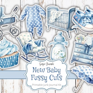 Nieuwe baby kieskeurige snijwonden, junkjournaalkit, afdrukbaar junkjournaal, junkjournaal, ephemera, babyplakboek, blauw, babyshowerjournaal