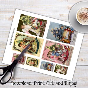 May include: Printable vintage Christmas card images featuring children, angels, and Christmas trees. The cards are ready to be cut out and used for crafts or decorations.