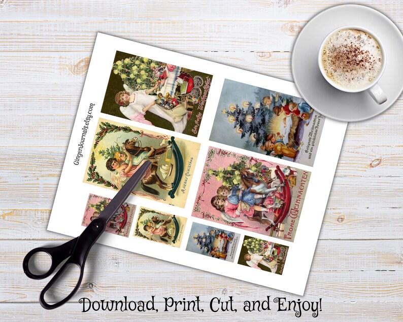 May include: Printable vintage Christmas card images featuring children, angels, and Christmas trees. The cards are ready to be cut out and used for crafts or decorations.