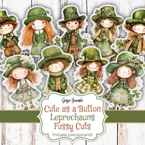 May include: Nine printable digital paper cutouts of cute cartoon leprechauns with green hats and clothing. The leprechauns are wearing different expressions and poses. The text "Cute as a Button Leprechauns Fussy Cuts" is at the bottom of the image.