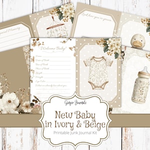 Kit per diario per neonati, diario per neonati avorio e beige, diario per neonati stampabile, diario per baby shower, album per neonati, etichette per la crescita del bambino