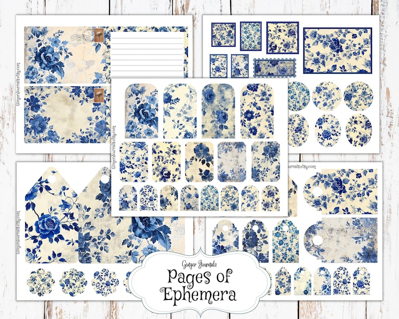 35 Page Floral Junk Journal Kit, Shabby Cobalt Blue and Cream, Ephemera ...