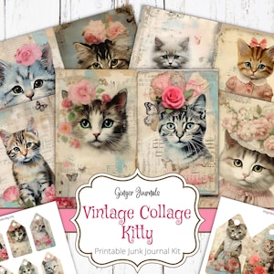 Vintage Collage Kitties Junk Journal Kit, Junk Journal Printable, Junk Journal Paper, Scrapbook, Shabby Cat, Ephemera Cat, Kitty Journal, CT