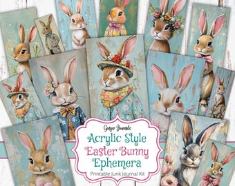 Materiale decorativo con coniglietto pasquale, kit per junk journal, materiale stampabile per junk journal, diario di Pasqua, download digitale, etichette pasquali, GingerJournals