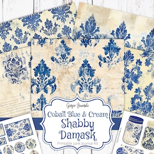 Shabby Damask Junk Journal Kit, kobaltblauw en crème, blauwe ephemera, afdrukbare junk Journal, tijdschriftpapier, boho, gemberdagboeken