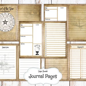 May include: Printable journal pages with a vintage aesthetic. The pages feature a wheel of the year, a to-do list, a shopping list, and a space for sabbat plans. The pages are designed for use with a witchy or pagan theme.