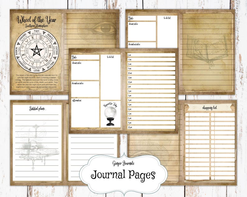 May include: Printable journal pages with a vintage aesthetic. The pages feature a wheel of the year, a to-do list, a shopping list, and a space for sabbat plans. The pages are designed for use with a witchy or pagan theme.