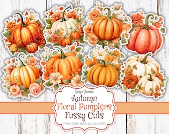 May include: A set of printable junk journal fussy cuts featuring autumn floral pumpkins. The images are in a watercolor style and include orange, white, and red pumpkins with various floral arrangements.