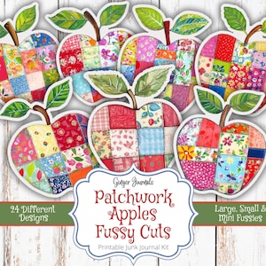 May include: A selection of patchwork apple cutouts with green leaves and brown stems. The apples are made of various fabric patterns and colours. Text on the image reads "Patchwork Apples Fussy Cuts" and "24 Different Designs".