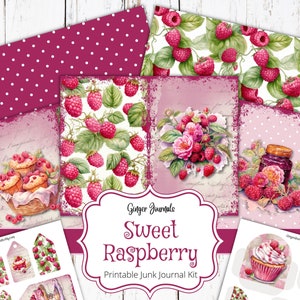 Zestaw Raspberry Junk Journal, Junk Journal do druku, Papier do Junk Journal, Pobieranie cyfrowe, Dziennik ogrodowy, Dziennik letnich śmieci, Maliny