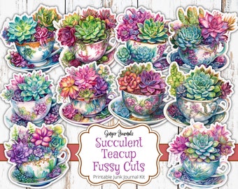 Succulent Teacup Fussy Cuts, Junk Journal Printable, Junk Journal Kit, Succulent Fussy Cuts, Plant Junk Journal, Plants, Garden Fussy Cuts