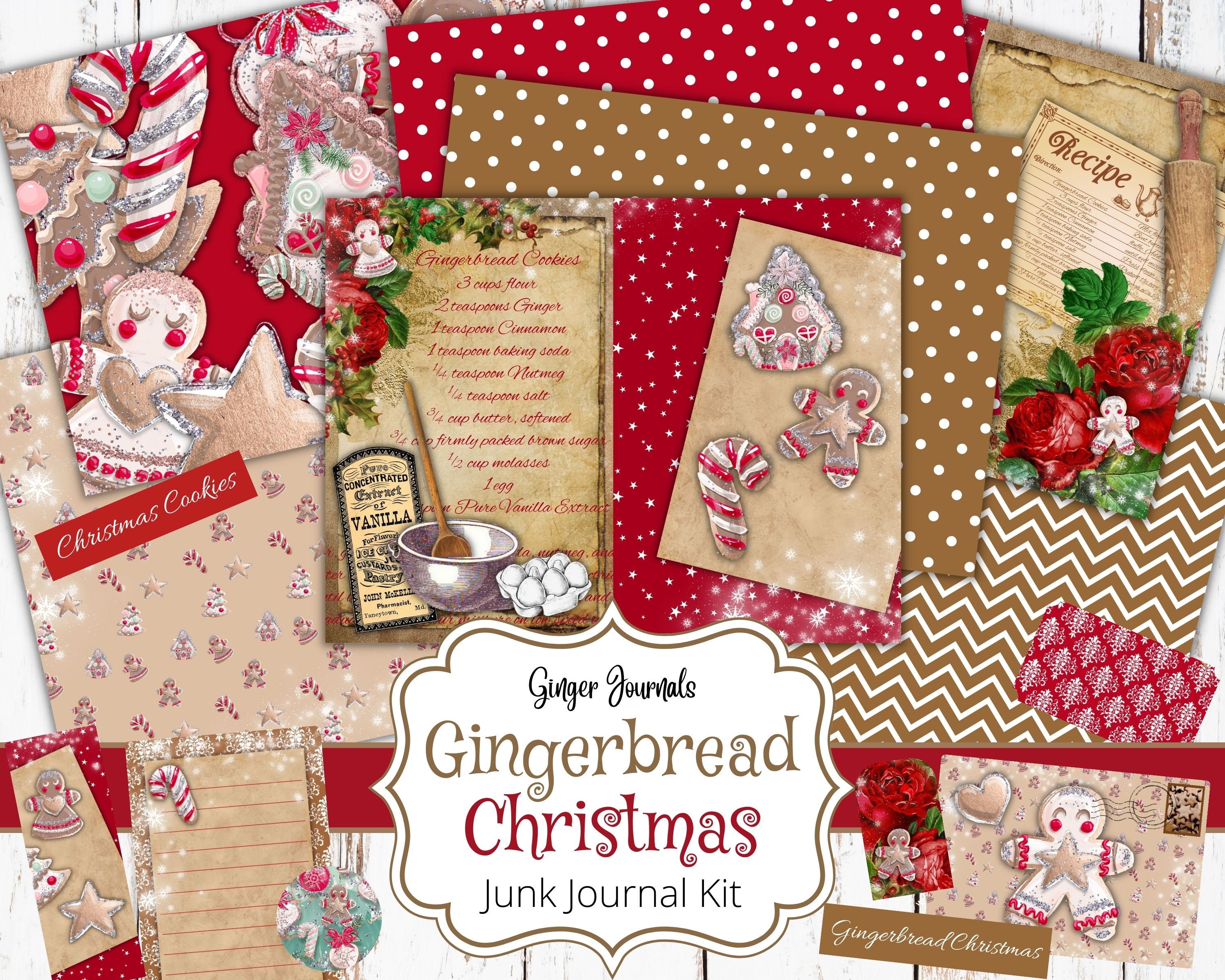 Christmas Junk Journal Kit, Gingerbread, Junk Journal Printable, Journal Paper, Christmas Paper, Christmas Tags, Digital Download, CM
