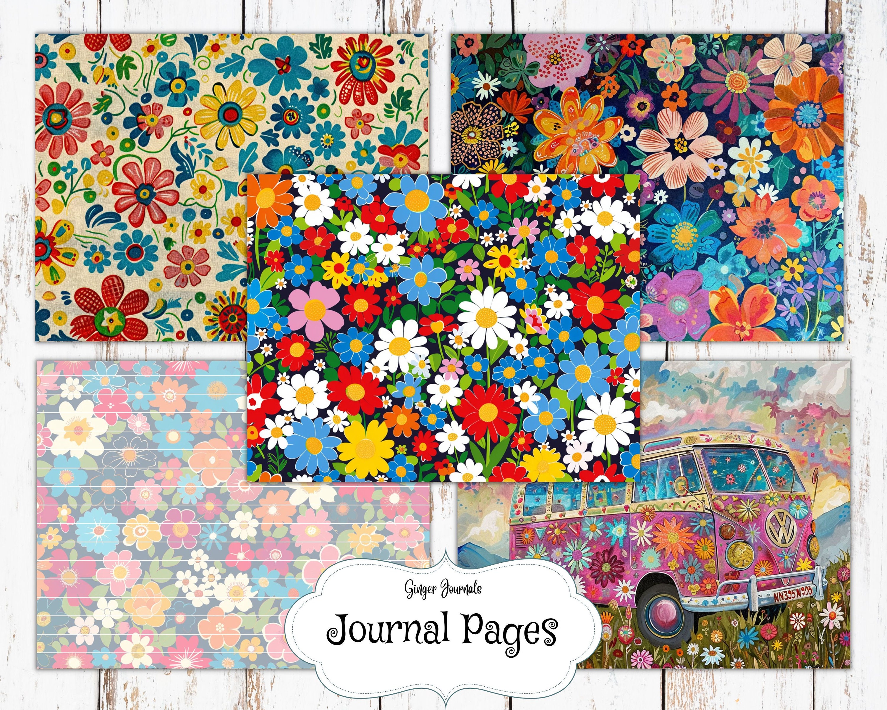 プリンページ 30 Page Hippie Junk Journal Kit, Flower Power, Junk Journal