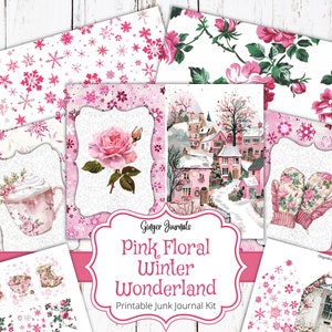 Kit diario di Natale con motivo floreale rosa, diario di Natale stampabile, album di ritagli invernale, etichette, materiale effimero, rosa, CM