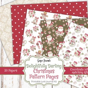 May include: A collection of Christmas-themed patterned papers. Designs include red polka dots, damask, and festive illustrations of snowmen, Santa Claus, and gingerbread men. The text reads "Delightfully Darling Christmas Pattern Pages".