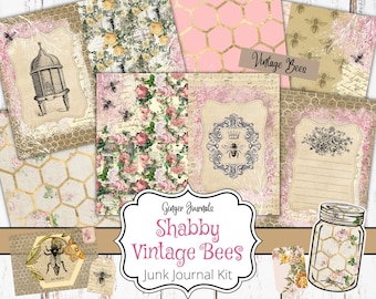 Shabby Bees Junk Journal Kit, Junk Journal Printable, Junk Journal Paper, Scrapbook Paper, Ephemera, Boho Junk Journal, Digital, Bee Journal