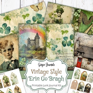 Könnte beinhalten: Vintage-Style-Druckbarer Junk-Journal-Kit mit grünem Kleeblatt-Thema. Das Kit enthält Bilder von einem Schloss, einer Harfe, einem Jungen, einem Häuschen und einem Regenbogen. Es gibt auch mehrere Etiketten mit Bildern von Kleeblättern, Schlössern und Häuschen.