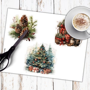 May include: Three watercolour illustrations on white paper. The first illustration is a cluster of pine cones with green pine needles. The second illustration is a Christmas tree with red and gold baubles and presents. The third illustration is a collection of Christmas-themed items, including a basket, jars, and a red and white checked ribbon.