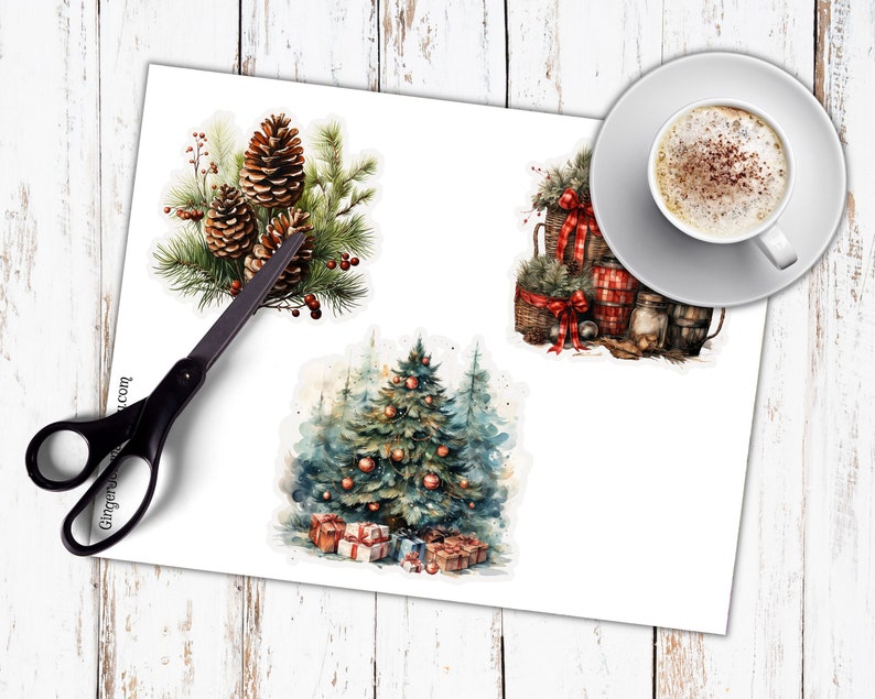 May include: Three watercolour illustrations on white paper. The first illustration is a cluster of pine cones with green pine needles. The second illustration is a Christmas tree with red and gold baubles and presents. The third illustration is a collection of Christmas-themed items, including a basket, jars, and a red and white checked ribbon.