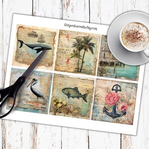 May include: A sheet of 9 vintage-style scrapbook paper squares with a nautical theme. The squares feature images of a whale, a pelican, a fish, a palm tree, an anchor, and a pier. The paper has a distressed, aged look.