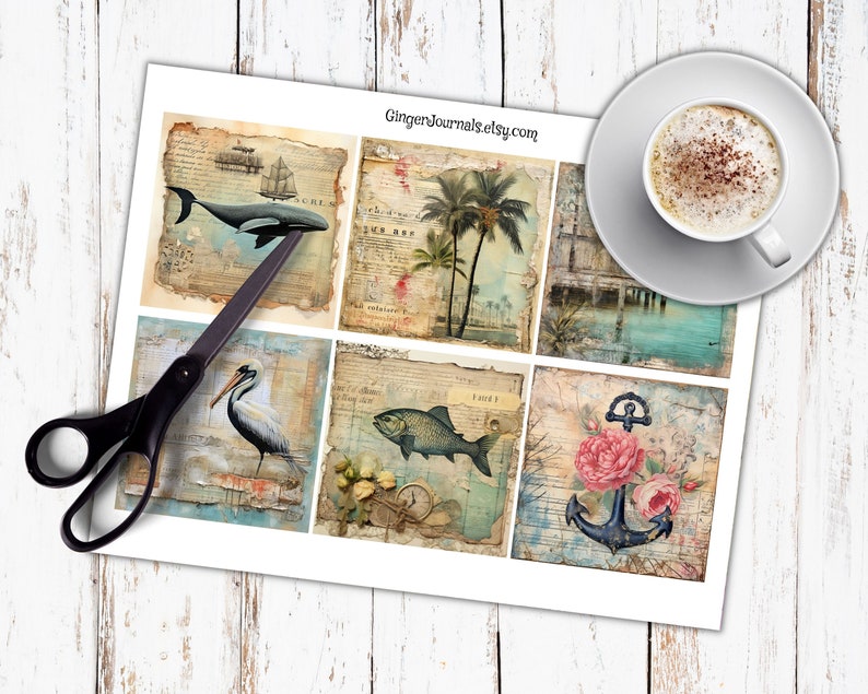 May include: A sheet of 9 vintage-style scrapbook paper squares with a nautical theme. The squares feature images of a whale, a pelican, a fish, a palm tree, an anchor, and a pier. The paper has a distressed, aged look.