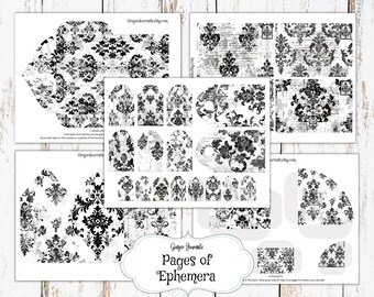 卵ページ 30 Page Classic Black and White Vintage Damask Junk Journal