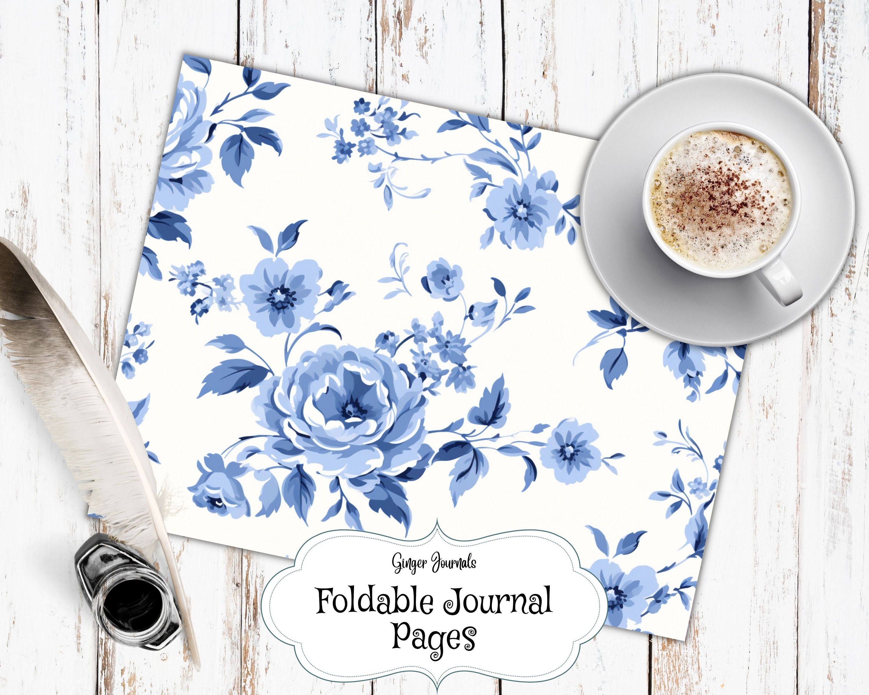 26 Pages Floral Junk Journal Kit, Floral Charm in French Blue