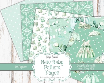 New Baby Junk Journal Pattern Pages, Mint Baby Journal, Junk Journal Printable, Baby Shower Journal, Neutral Baby, Junk Journal Kit, Green