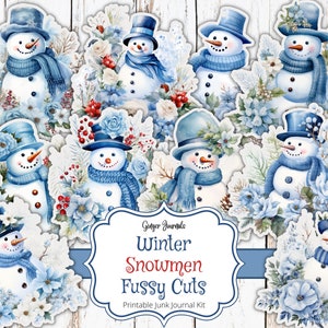 Sneeuwpop kieskeurige sneden, Christmas Junk Journal Kit, Junk Journal afdrukbaar, kersttags, winterse ephemera, blauwe ephemera, download, CM