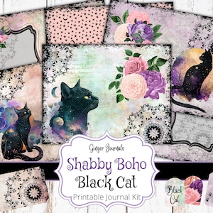 Kit de diário de lixo de gato preto, diário de lixo para impressão, papel de diário de lixo, álbum de recortes, gato surrado, itens efêmeros, gato boho, diário de gatinho, CT