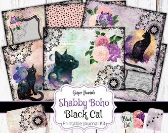 Kit de diario de recortes de gato negro, imprimible para diario de recortes, papel para diario de recortes, álbum de recortes, gato shabby chic, efímeros, gato boho, diario de gatitos, CT