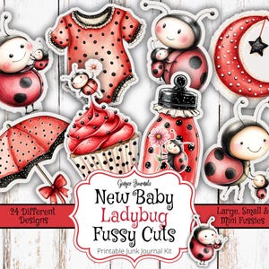 Peut inclure: Ensemble de découpes sur le thème des coccinelles, comprenant un body de bébé, un cupcake, un parapluie et un bocal, tous ornés de pois rouges et noirs. Le texte "New Baby Ladybug Fussy Cuts" est affiché. Kit de journal intime.