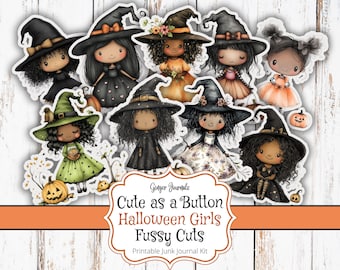 May include: A set of printable digital stickers featuring cute cartoon witches with black hats and colorful dresses. The stickers are designed for use in junk journals and other craft projects. The text on the image reads "Cute as a Button Halloween Girls Fussy Cuts Printable Junk Journal Kit".