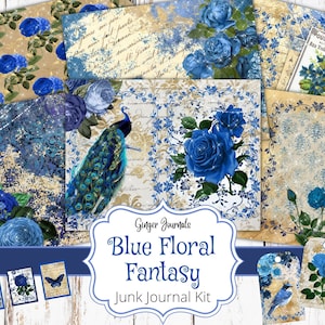 Kit de journal indésirable floral bleu, journal indésirable imprimable, papier pour journal indésirable, fournitures pour journal indésirable, éphémère bleu, bohème, pages de journal