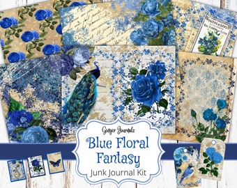 Blue Floral Junk Journal Kit, Junk Journal Printable, Junk Journal Paper, Junk Journal Supplies, Blue Ephemera, Boho, Journal Pages