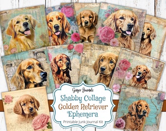 Kit di elementi decorativi per junk journal a tema Golden Retriever, materiale stampabile per junk journal, download, kit per junk journal, Retriever, cane, Golden, collage shabby chic