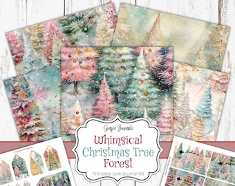 May include: Printable junk journal kit featuring whimsical watercolor illustrations of a Christmas tree forest. The kit includes 12 digital papers and 12 printable tags.