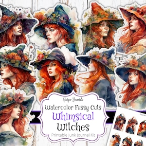 Puede incluir: Ilustraciones de acuarela de brujas caprichosas con colores otoñales y acentos florales. Las imágenes están diseñadas para su uso en diarios de chatarra. El texto "Whimsical Witches" está incluido en la imagen.