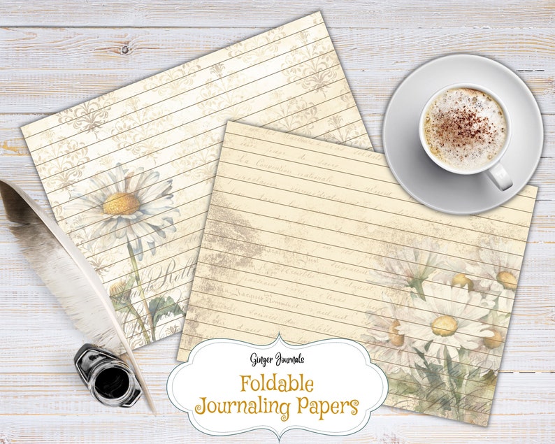 May include: Two sheets of lined paper with a vintage aesthetic featuring a daisy design. The paper is cream colored with brown lines and a faint floral pattern. The text "Ginger Journals Foldable Journaling Papers" is printed on the bottom of the image.