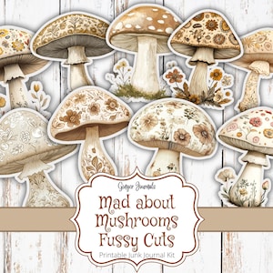 Beige paddenstoel kieskeurig, paddestoelen ephemera, afdrukbaar rommeldagboek, kieskeurige snitten, paddestoelen rommeldagboek, gek van paddenstoelen, boho