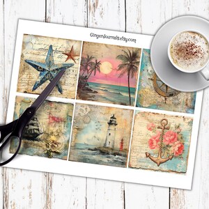 May include: A sheet of six vintage-style scrapbook paper squares with nautical themes. The squares feature images of a compass, a lighthouse, a ship, a starfish, palm trees, and an anchor.