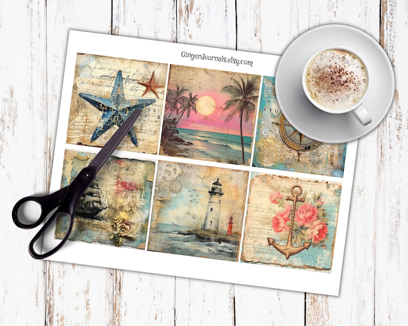 May include: A sheet of six vintage-style scrapbook paper squares with nautical themes. The squares feature images of a compass, a lighthouse, a ship, a starfish, palm trees, and an anchor.