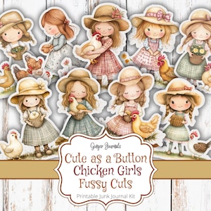 Cortes delicados de Chicken Girls, adorables como un botón, kit para diario basura, kit para diario de verano, imprimible para diario basura, efímeras de pollo, diarios de jengibre