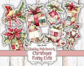 シャビーなパッチワークのクリスマス・ファジーカット、ジャンク