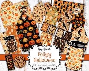 Può includere: Un kit di diario di scarto stampabile a tema Halloween. Il kit include vari fogli con diversi motivi, tra cui zucche, fantasmi, gufi e gatti neri. Il titolo del kit è "Folksy Halloween Printable Junk Journal Kit".