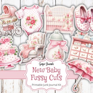Nieuwe baby kieskeurige snijwonden, junkjournaalkit, afdrukbaar junkjournaal, junkjournaal, ephemera, babyplakboek, roze, babyshowerjournaal